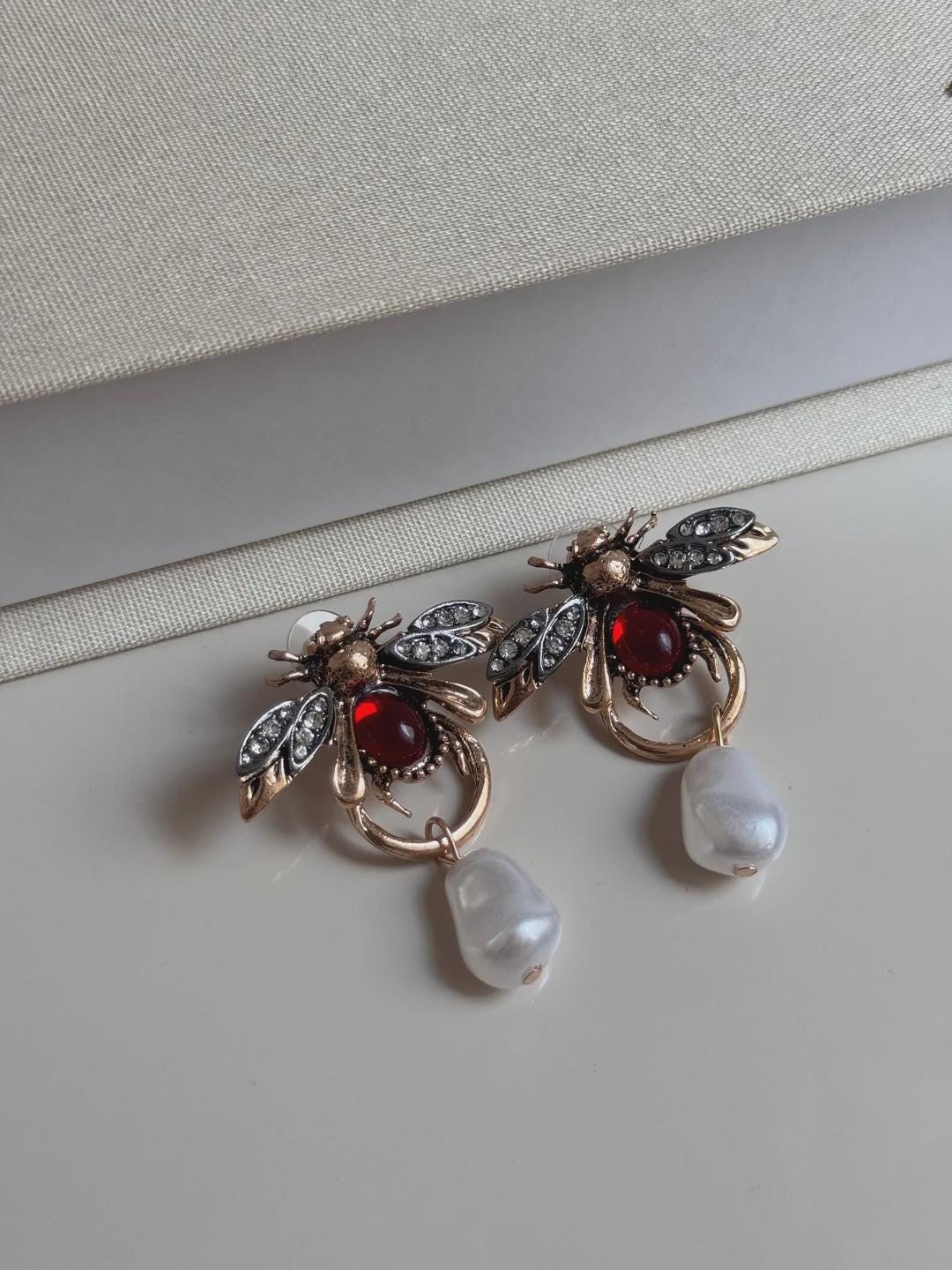 Vintage Bee Pearl Drop Earrings with Red Gem – Gold-Tone Finish Jewelry