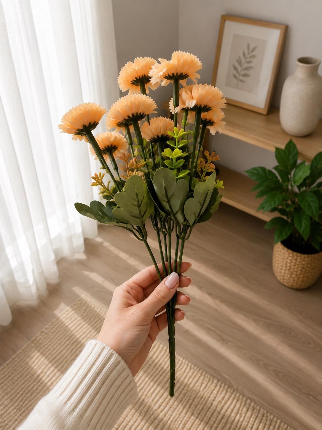 Yapay Gerbera Çiçek Demeti Şeftali Renk Dekoratif Vazo Çiçeği Ev Ofis Salon Süsü 41 cm
