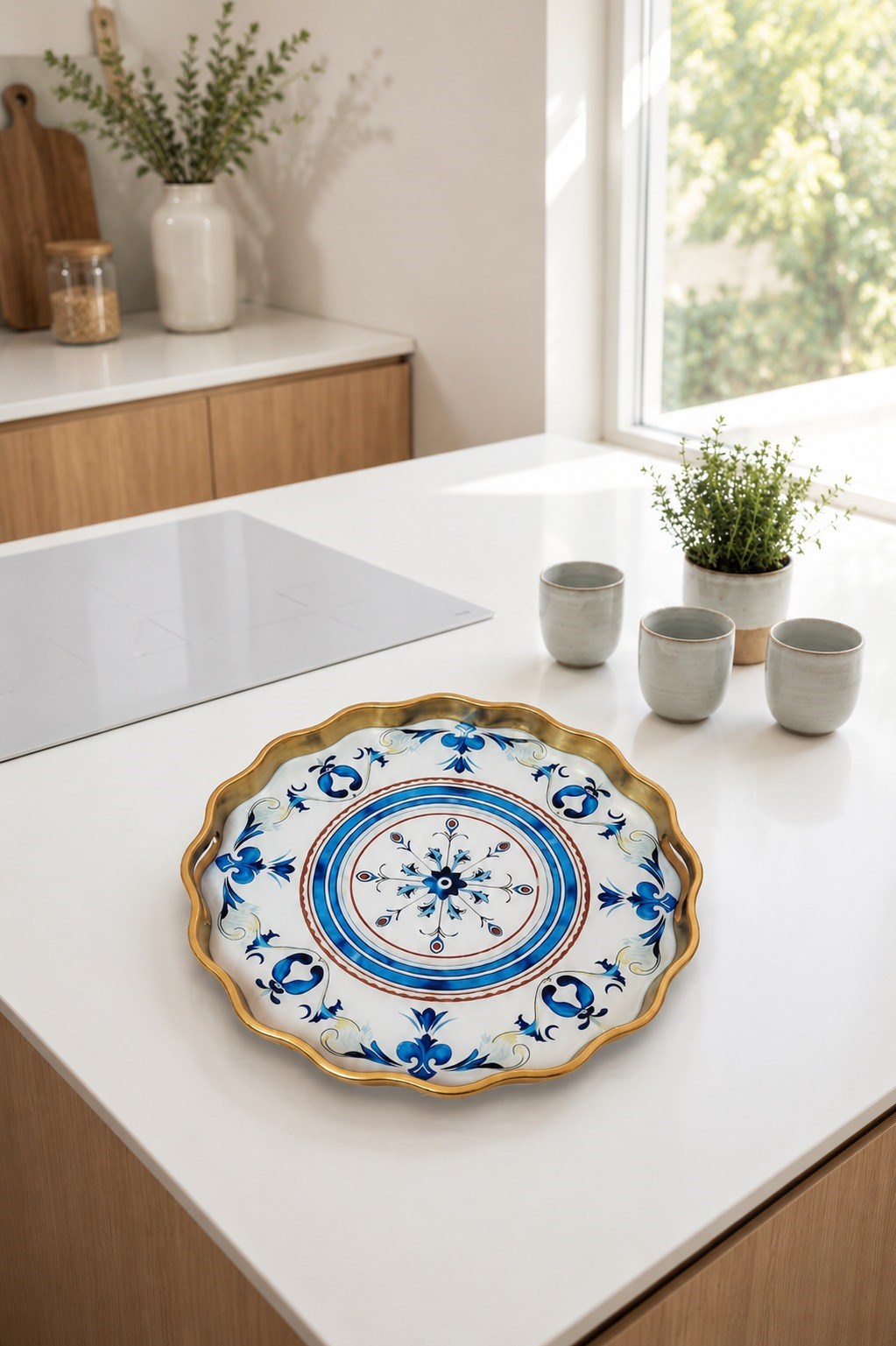 Yuvarlak Gold Servis Tepsisi 38.5 cm Mavi Osmanlı