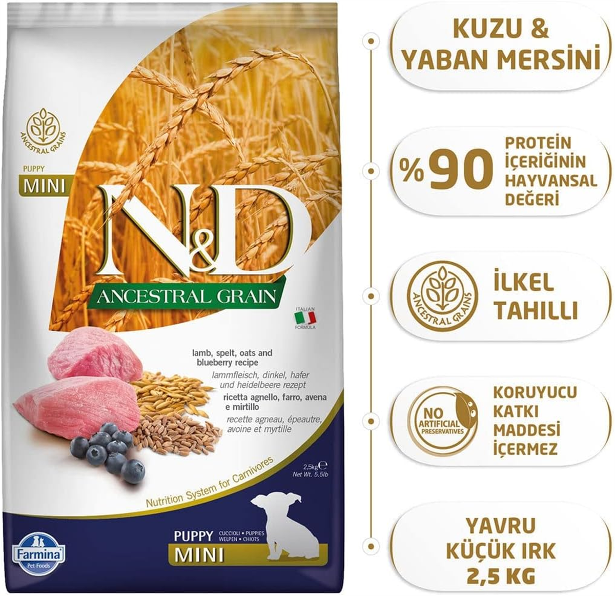 N&D Düşük Tahıllı Kuzulu Yaban Mersinli Yavru Küçük Irk Köpek Maması 2.5 Kg