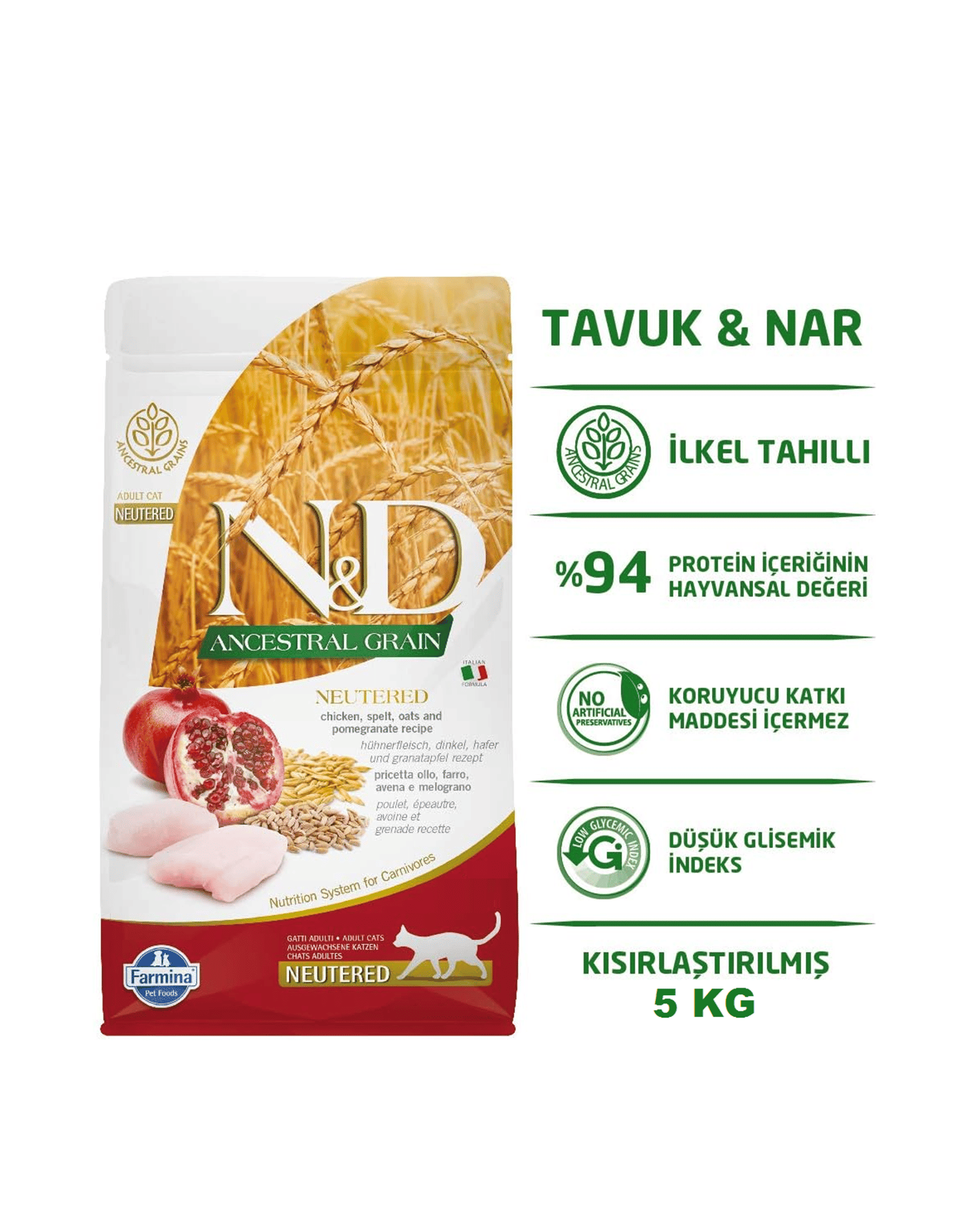 ND Düşük Tahıllı Tavuk Etli ve Narlı Kısırlaştırılmış Yetişkin Kedi Maması 5 Kg