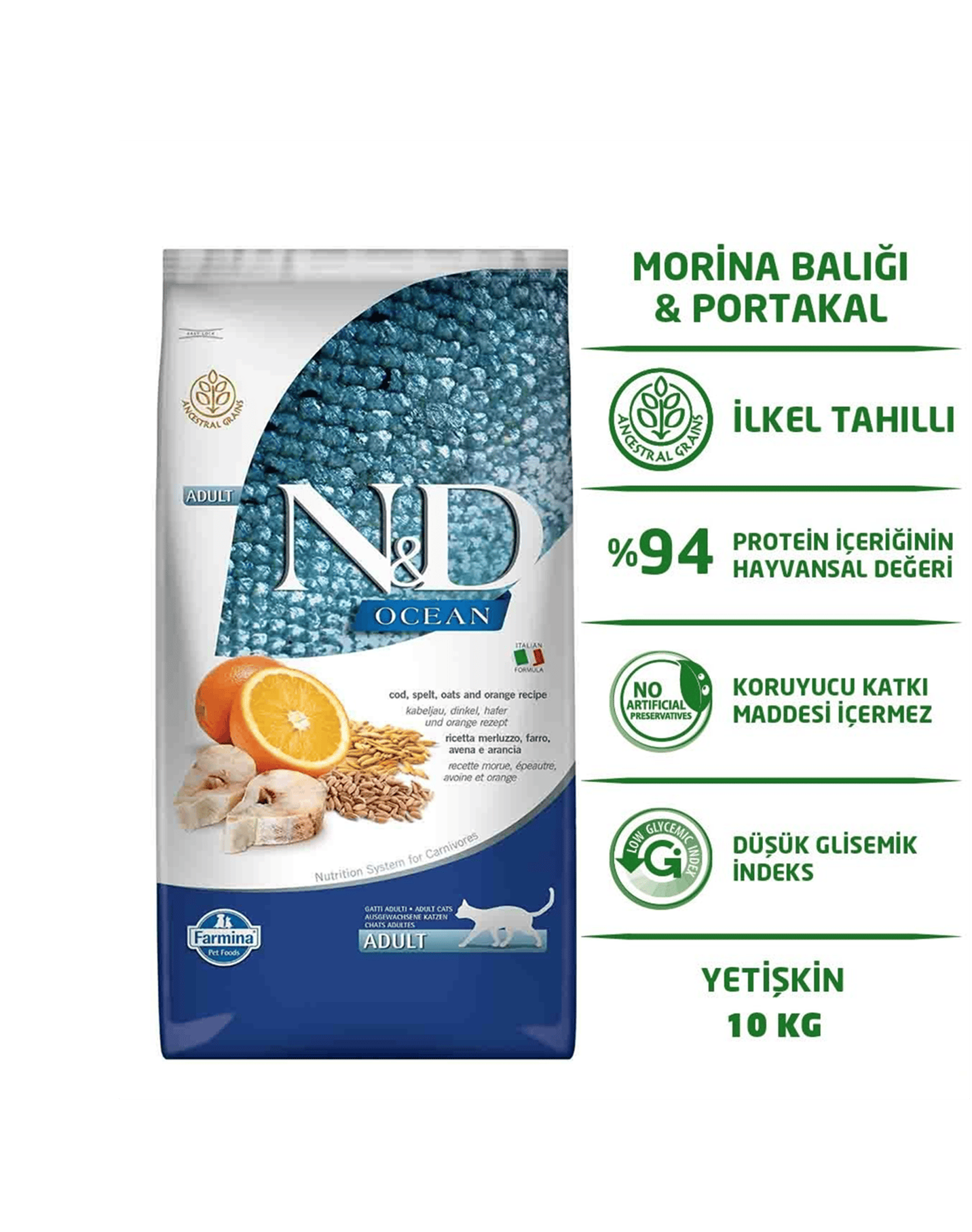 ND Morina Balıklı ve Portakallı Düşük Tahıllı Yetişkin Kedi Maması 10 Kg