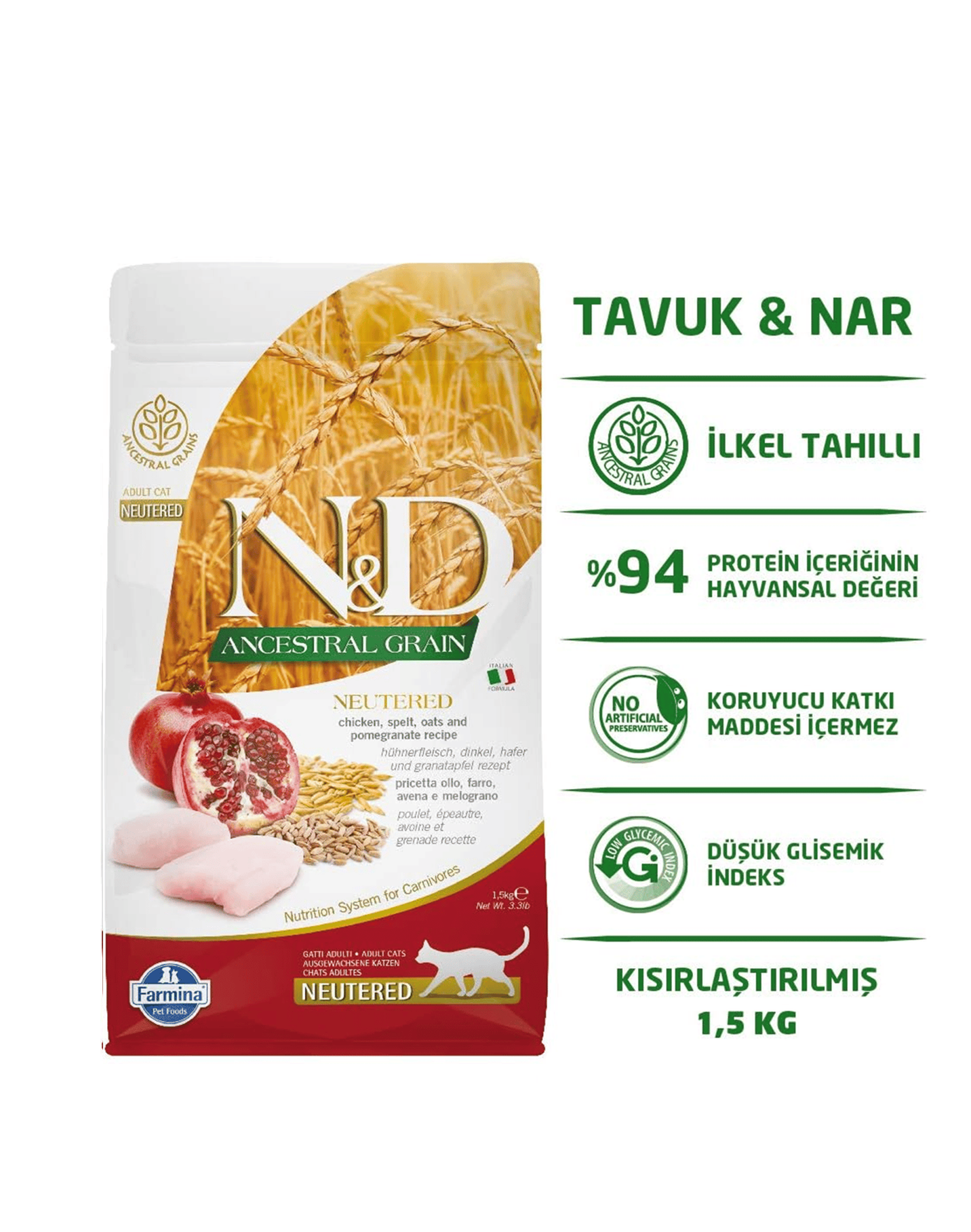 ND Neutred Düşük Tahıllı Tavuk Etli ve Narlı Kısırlaştırılmış Yetişkin Kedi Maması 1.5Kg