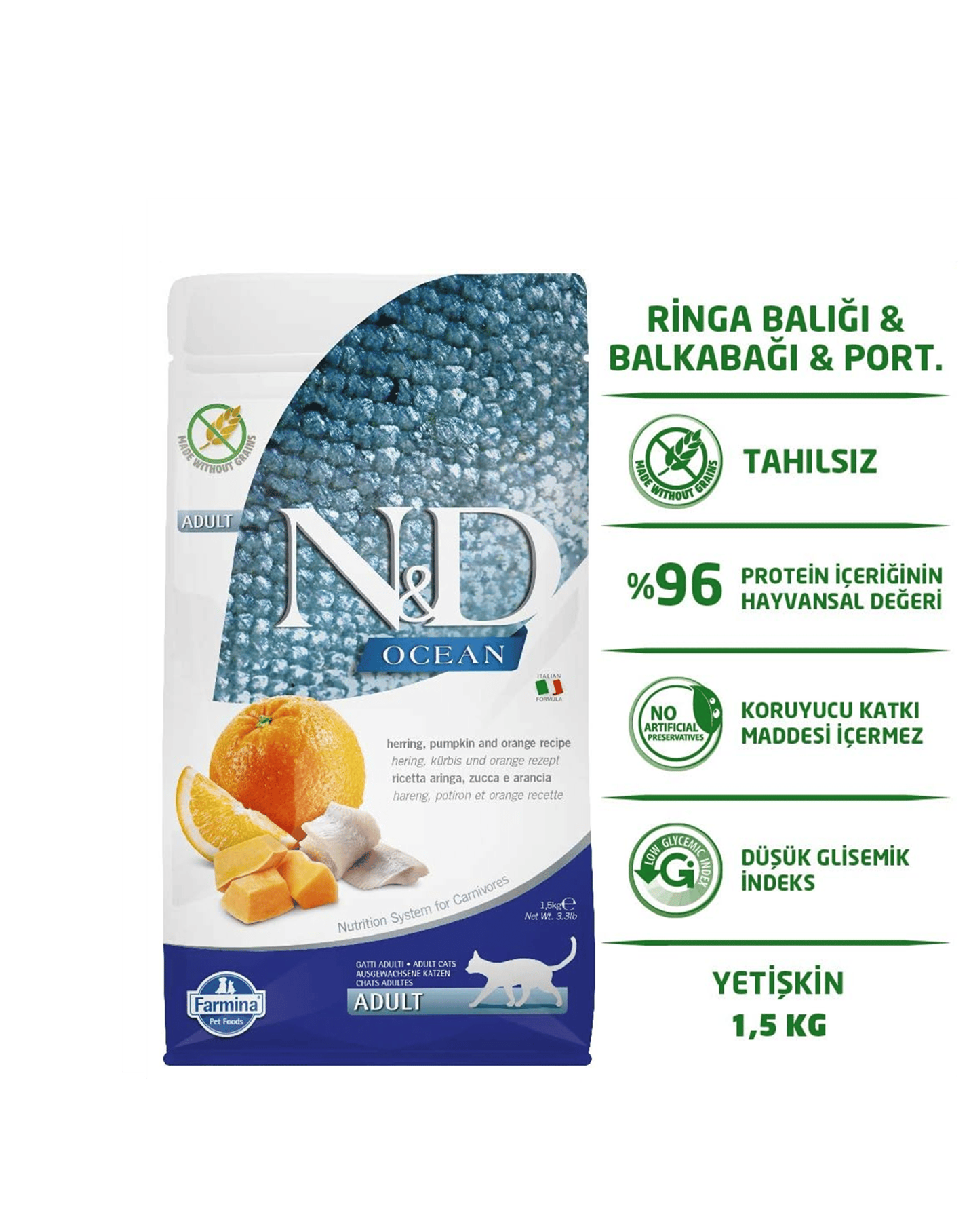 ND Ocean Bal Kabaklı Ringa Balıklı ve Portakallı Tahılsız Yetişkin Kedi Maması 1,5 Kg