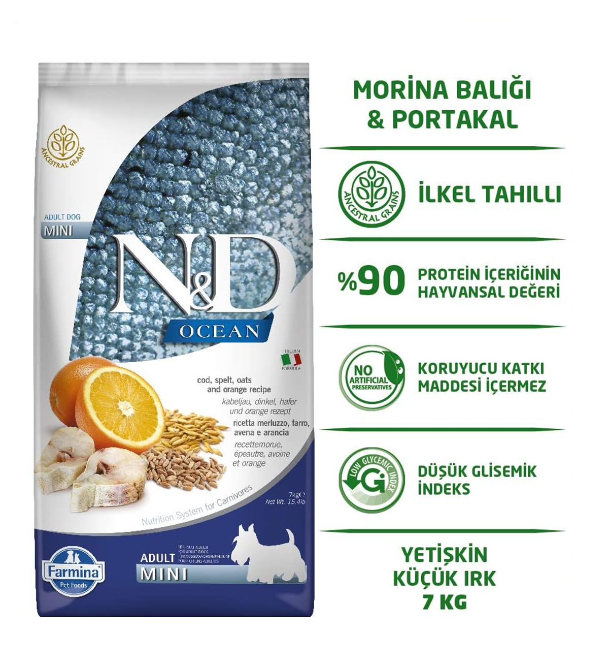 ND Ocean Düşük Tahıllı Morina Balıklı Portakallı Mini Irk Yetişkin Köpek Maması 7kg