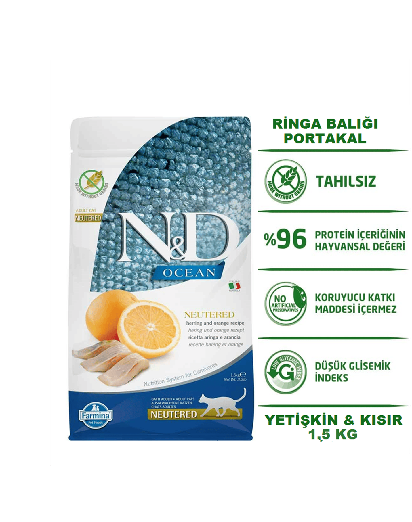 ND Ocean Ringa Balıklı ve Portakallı Tahılsız Kısırlaştırılmış Yetişin Kedi Maması 1,5 Kg