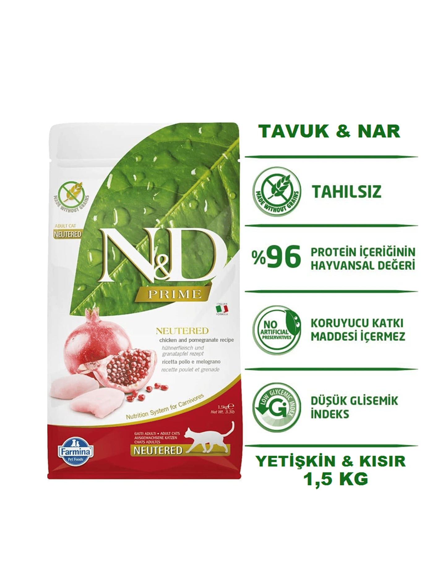 ND Prime Tahılsız Tavuk Etli ve Narlı Kısırlaştırılmış Yetişkin Kedi Maması 1,5 Kg