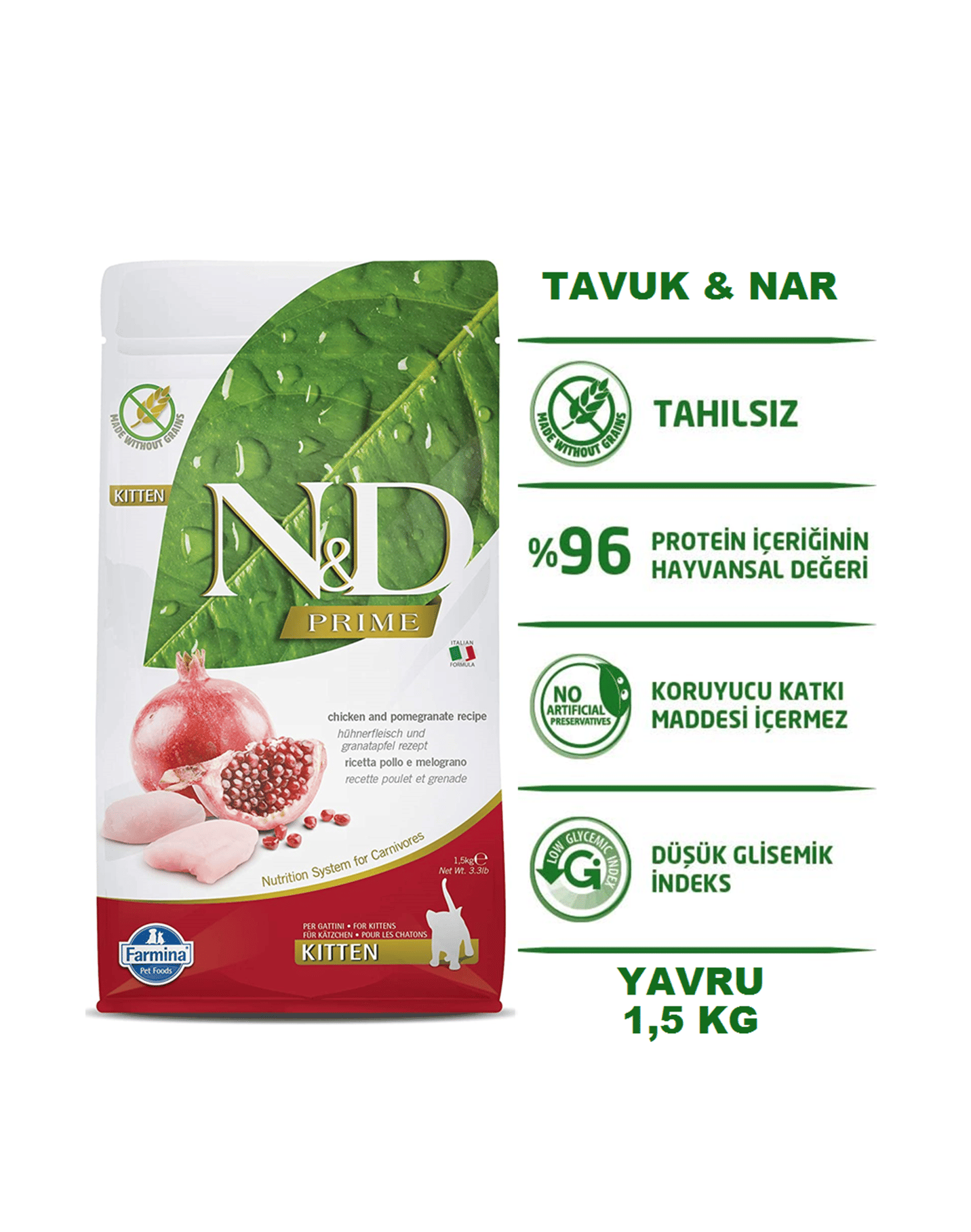 ND Prime Tavuklu ve Narlı Tahılsız Yavru Kedi Maması 1,5 Kg
