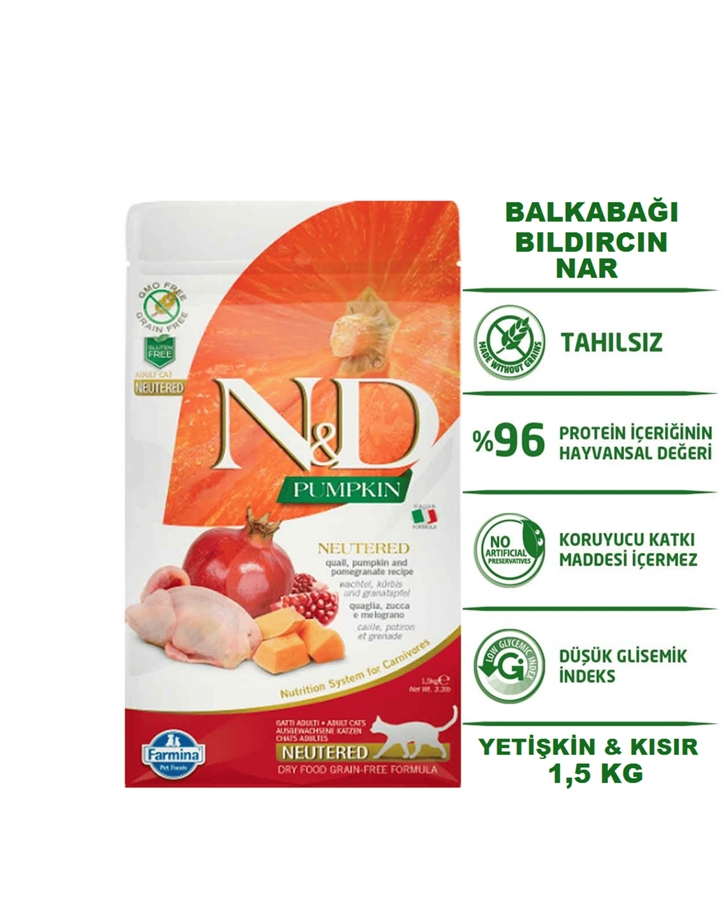 ND Pumpkin Balkabaklı Bıldırcın Etli ve Narlı Tahılsız Kısırlaştırılmış Yetişkin Kedi Maması 1,5 Kg