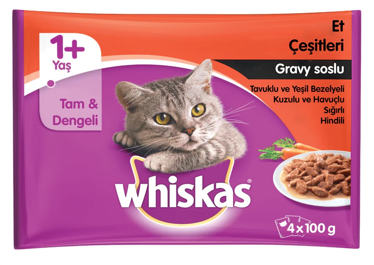 Whiskas Et Çeşitleri Pouch Yetişkin Kedi Yaş Maması 4 x 100 Gr. 1 Paket