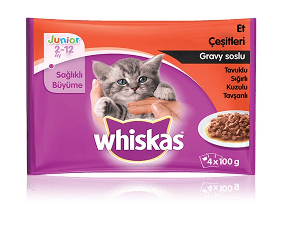 Whiskas Junior Gravy Tavuk , Sığır , Kuzu ve Tavşan Çeşitli Pouch Yavru Kedi Yaş Maması 4 x 100 Gr.