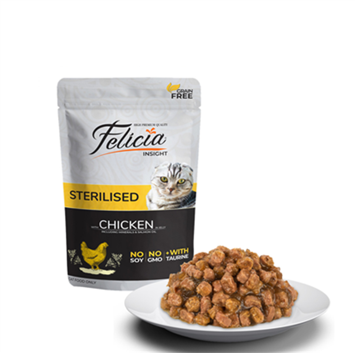 Felicia Sterilised Jelly Tavuklu ve Taurinli Tahılsız Kısırlaştırılmış Yetişkin Tahılsız Kedi Yaş Maması 85 Gr