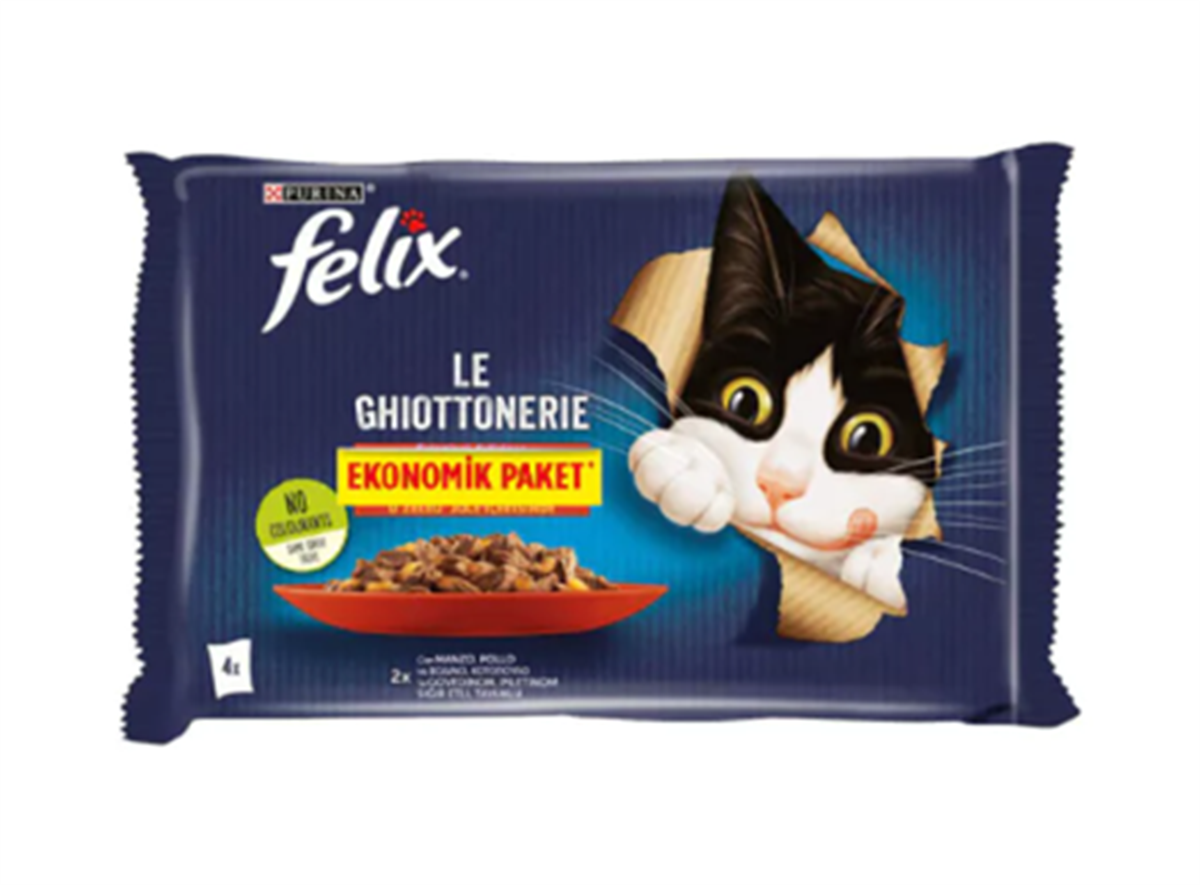 Felix Pouch Jöle İçinde Sığır Etli ve Tavuklu Yetişkin Kedi Yaş Maması 4 x 85 gr