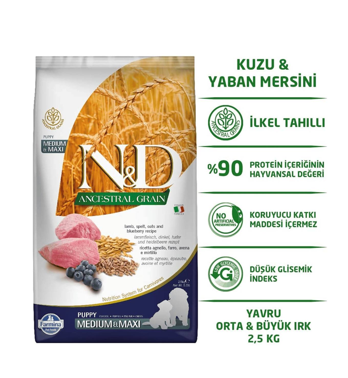 ND Düşük Tahıllı Kuzu Etli Yaban Mersinli Orta ve Büyük Irk Yavru Köpek Maması 2,5 Kg