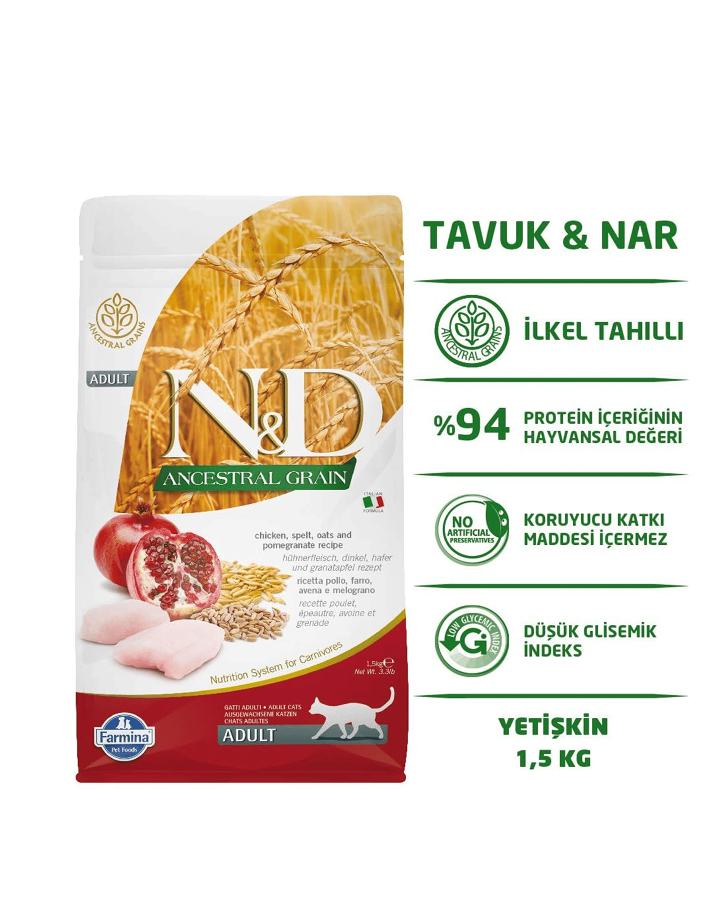ND Düşük Tahıllı Tavuklu ve Narlı Yetişkin Kedi Maması 1,5 Kg