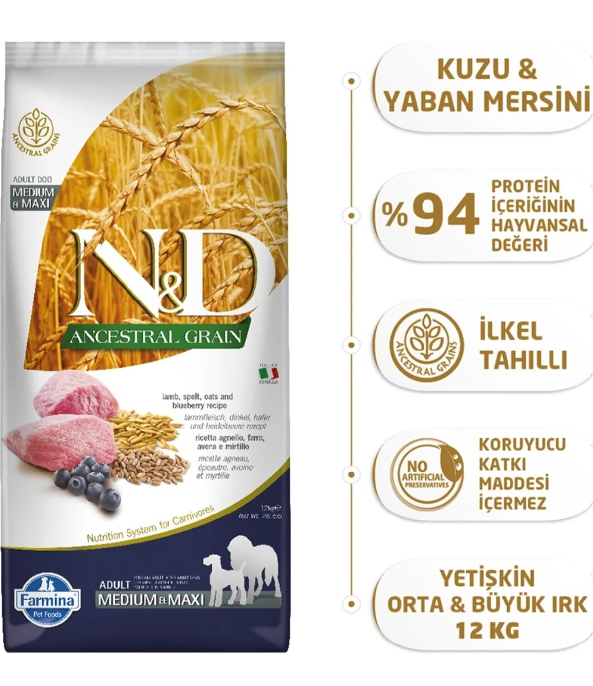 N&D Kuzu Etli Yaban Mersini Düşük Tahıllı Yetişkin Köpek Maması 12 kg