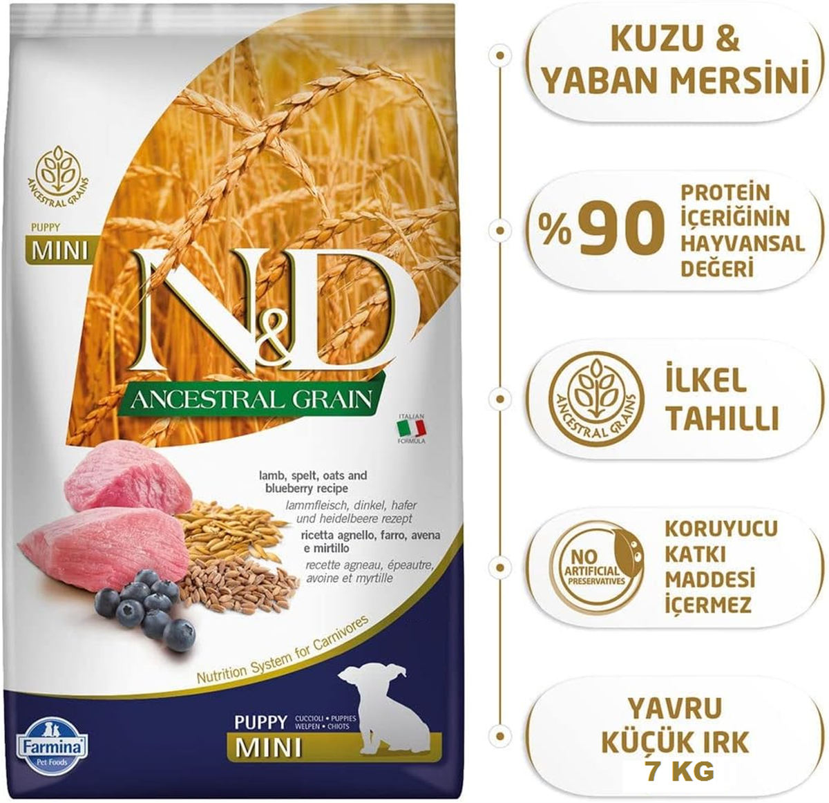 N&D Mini Puppy Düşük Tahıllı Kuzu Etli ve Yaban Mersinli Yavru Köpek Maması 7 kg