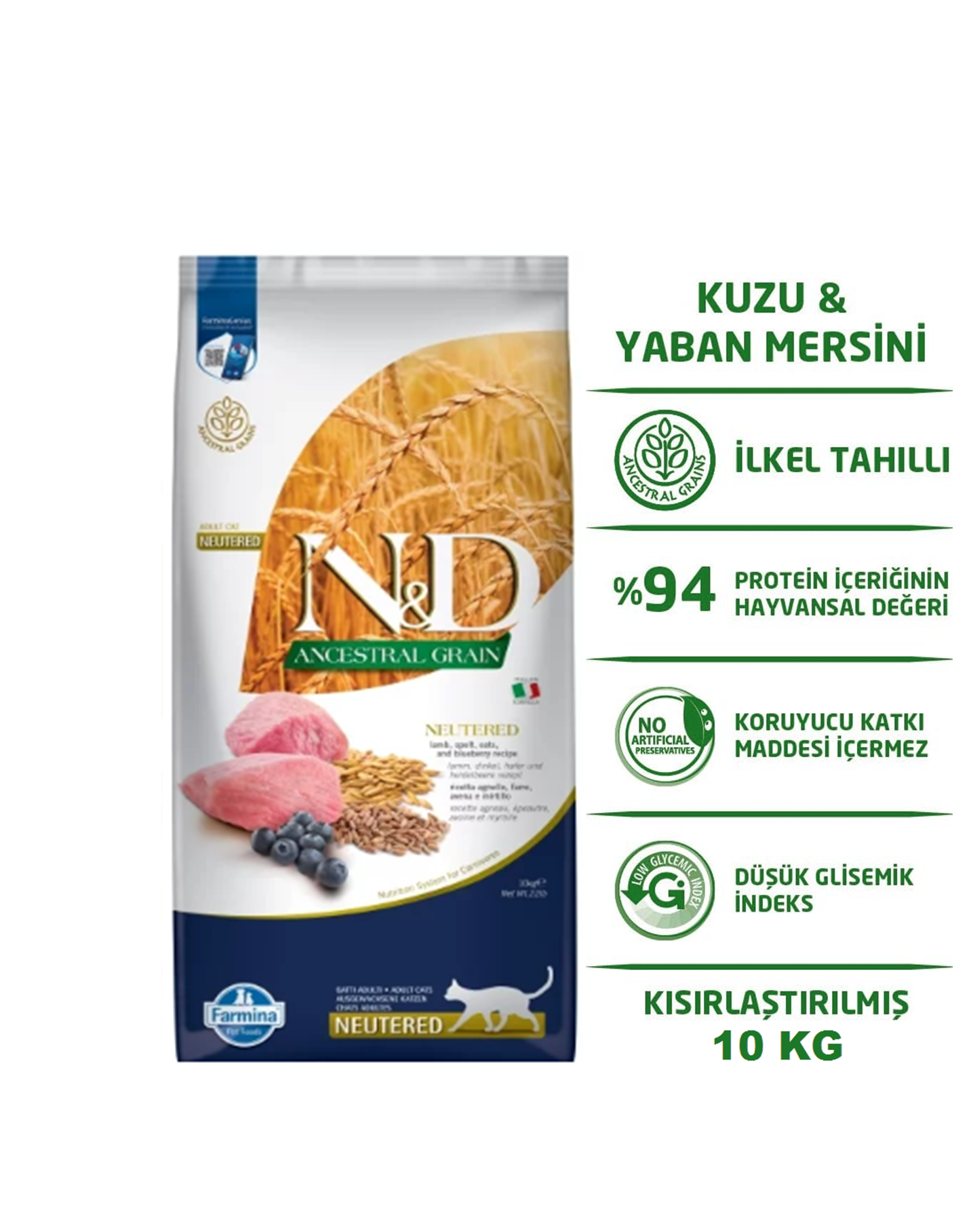 ND Neutered Kuzu Etli ve Yaban Mersinli Düşük Tahıllı Kısırlaştırılmış Yetişkin Kedi Maması 10 Kg