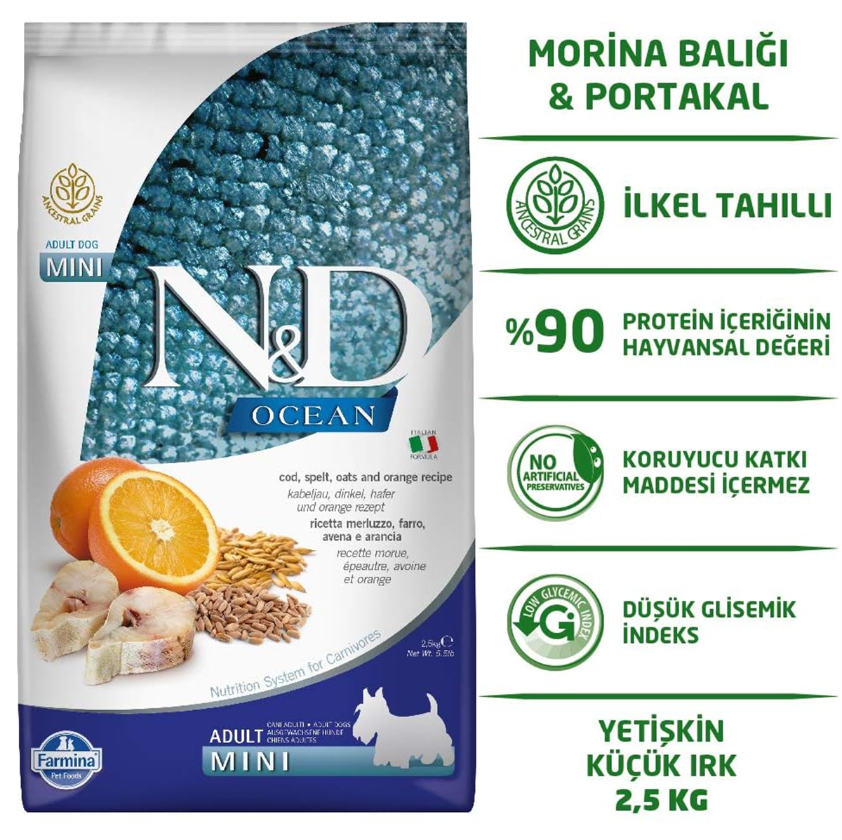 ND Ocean Düşük Tahıl Balık Portakal Küçük Irk Köpek Maması 2,5 Kg