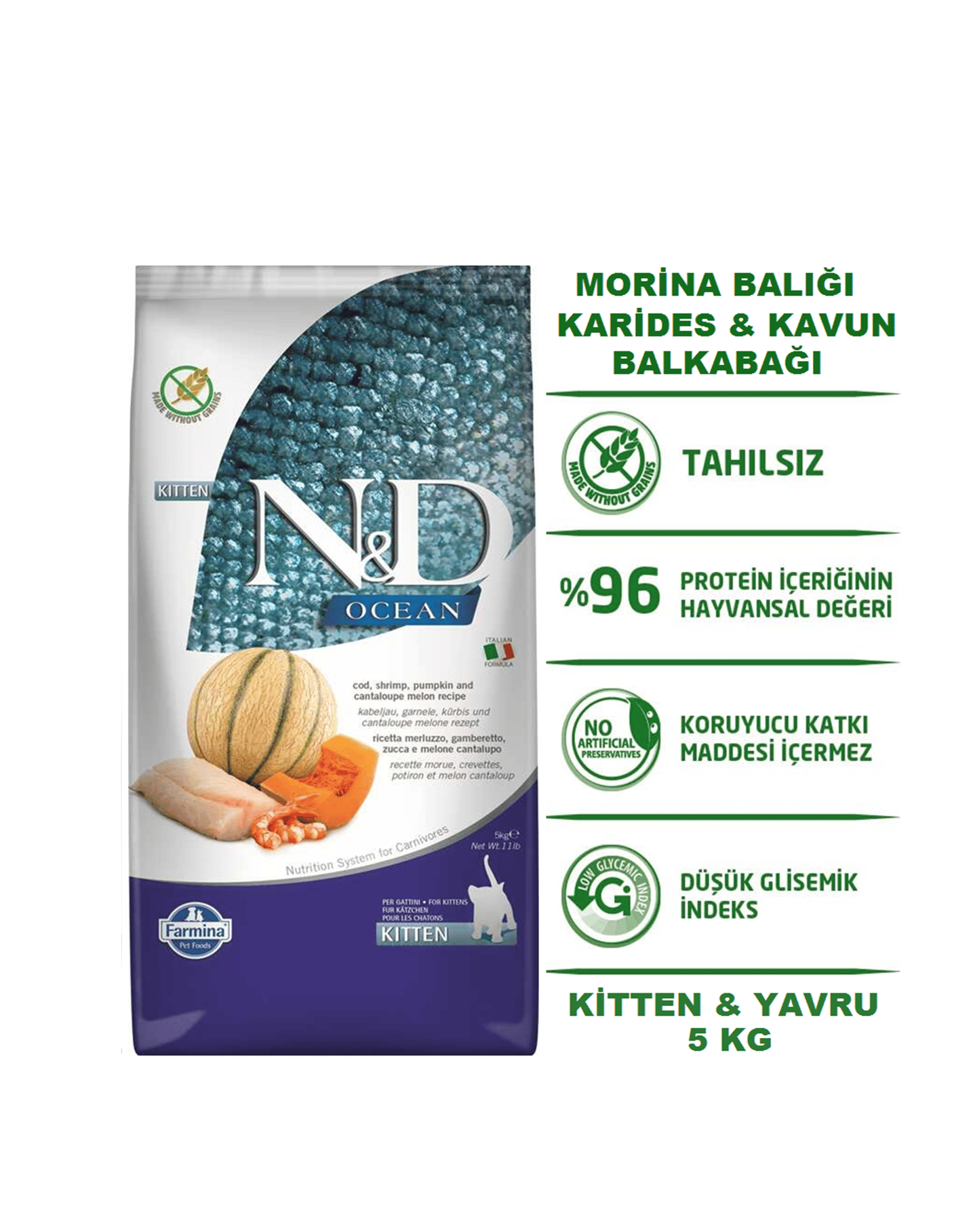ND Ocean Kitten Morina Balığı Karides Kavun ve Balkabaklı Tahılsız Yavru Kedi Maması 5 Kg