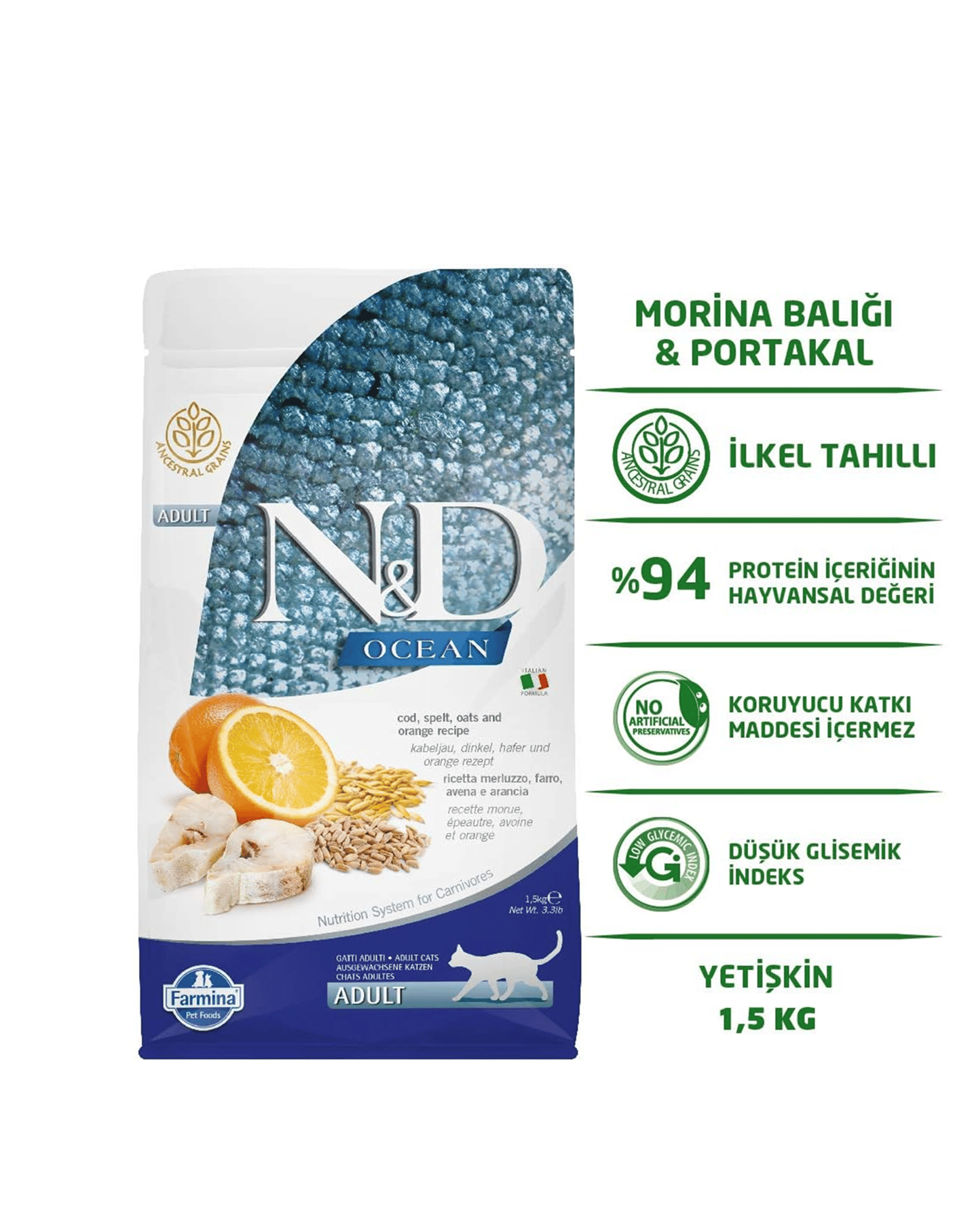 ND Ocean Morina Balıklı ve Portakallı Düşük Tahıllı Yetişkin Kedi Maması 1,5 Kg