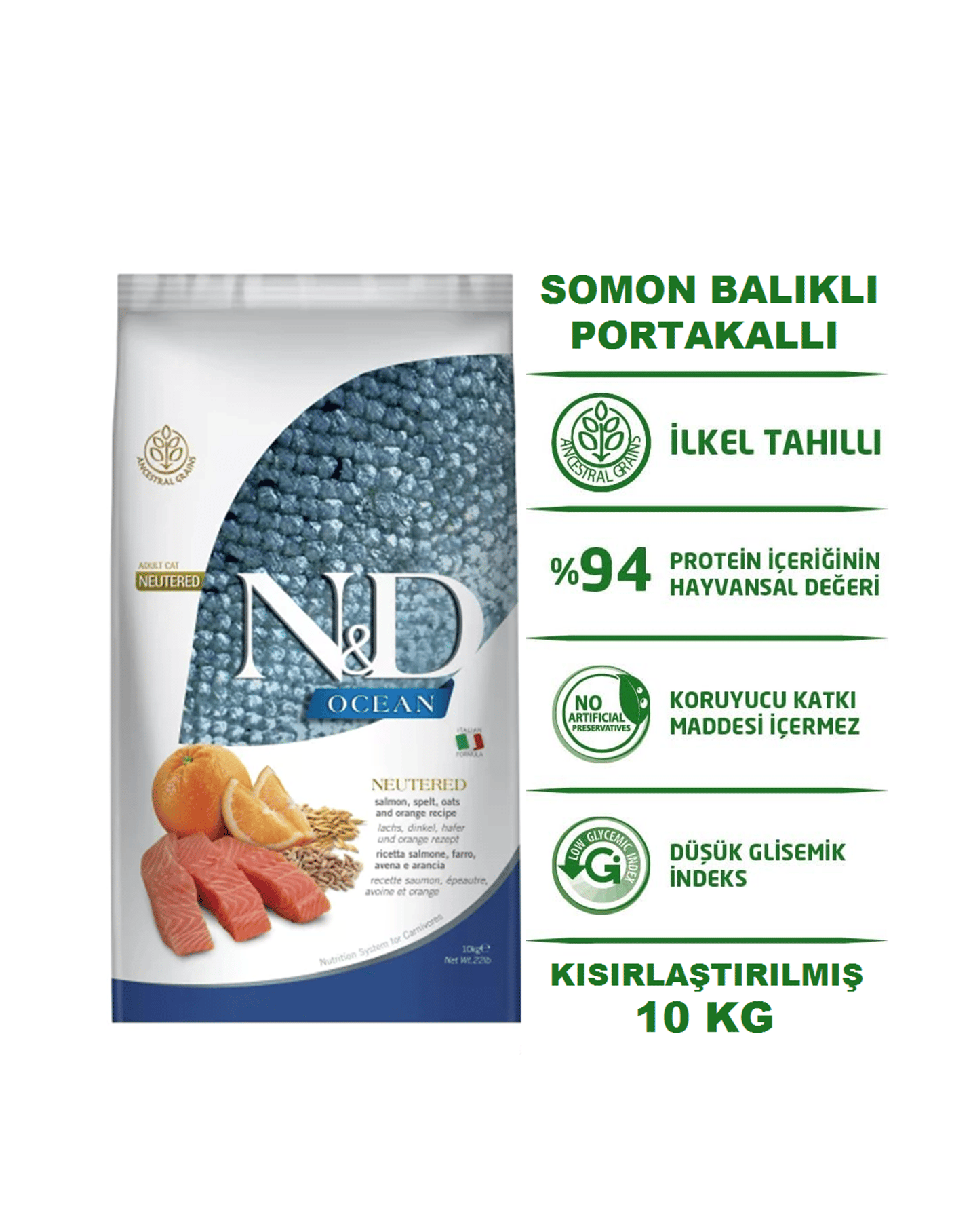 ND Ocean Neutered Somon Balıklı ve Portakallı Düşük Tahıllı Kısırlaştırılmış Yetişkin Kedi Maması 10 Kg