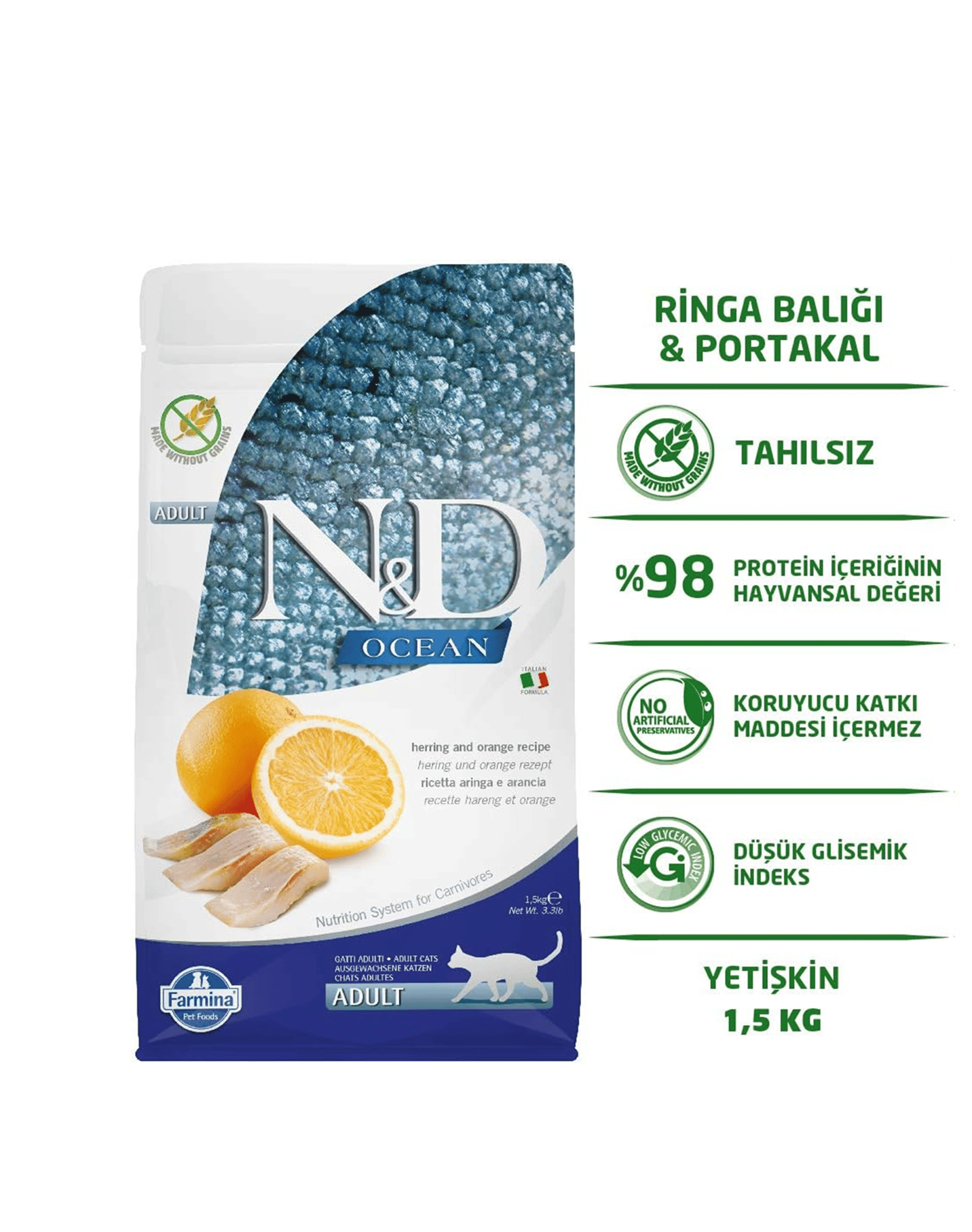 ND Ocean Ringa Balıklı ve Portakallı Tahılsız Yetişkin Kedi Maması 1,5 Kg