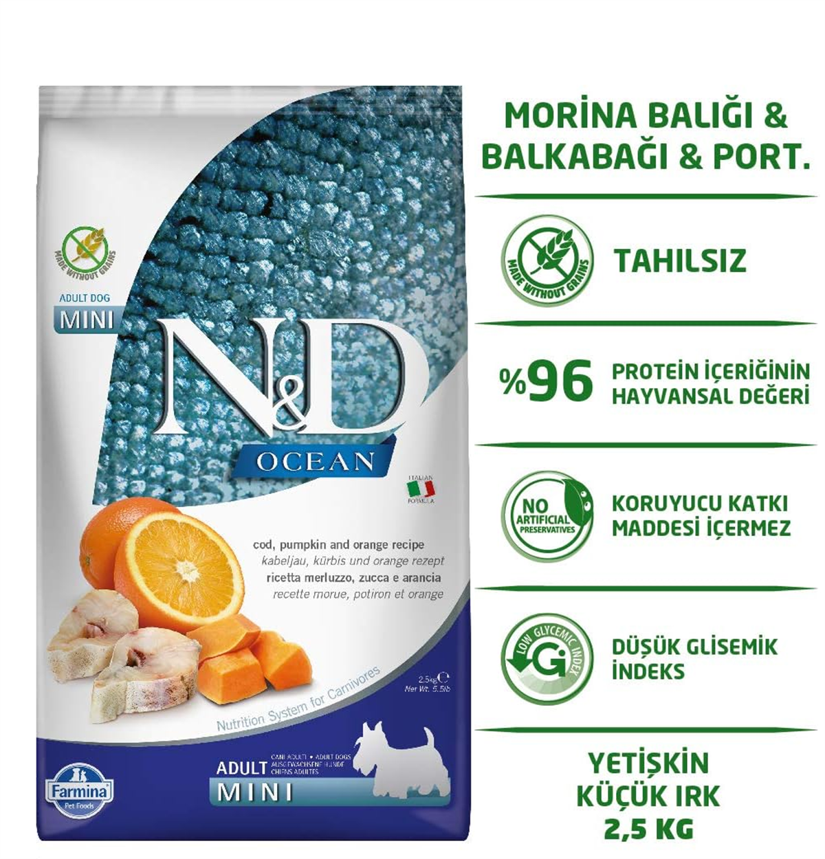 ND Ocean Tahılsız Balkabaklı Morina Balıklı Küçük Irk Köpek Maması 2,5 Kg