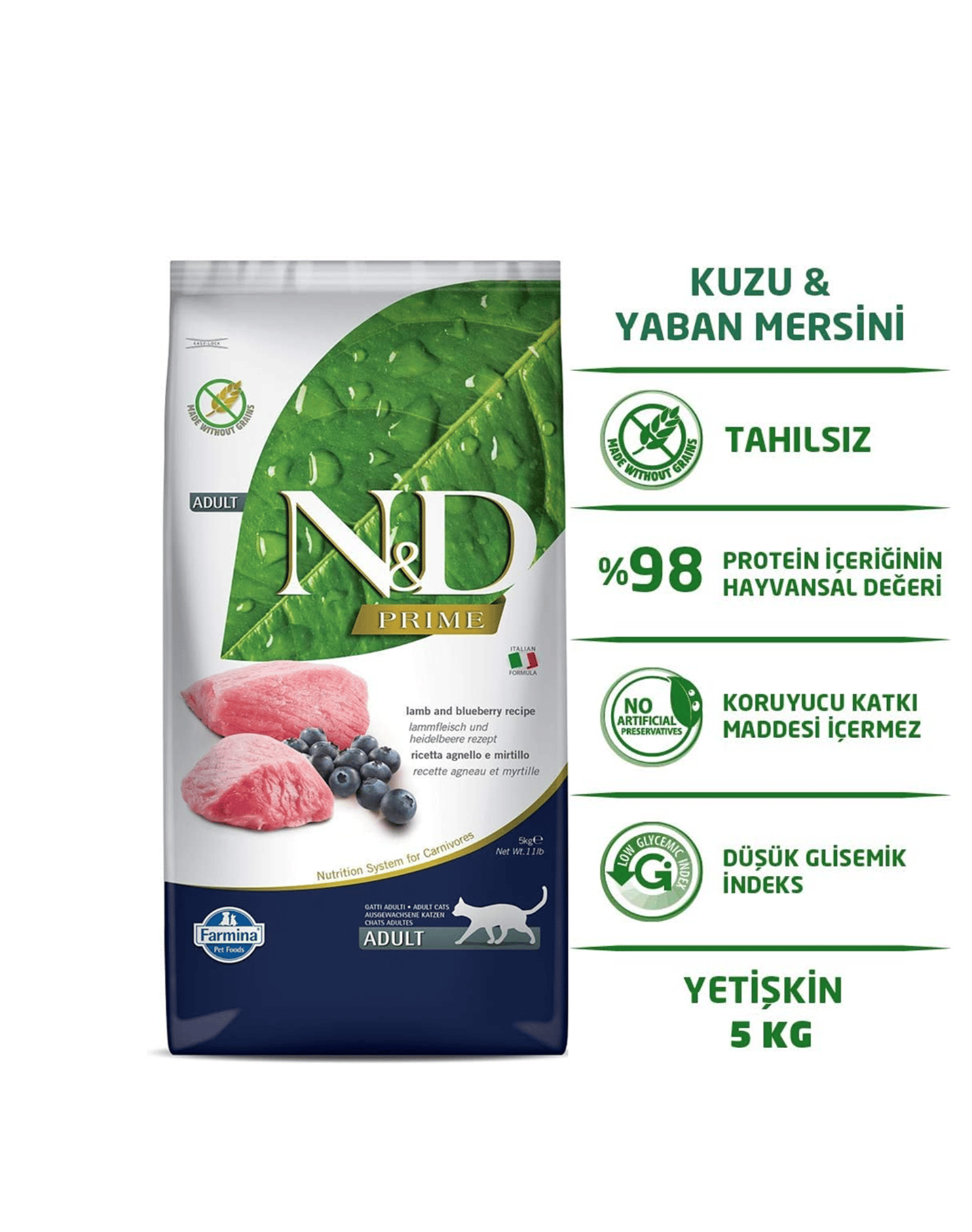 ND Prime Kuzu Etli ve Yaban Mersinli Tahılsız Yetişkin Kedi Maması 5Kg