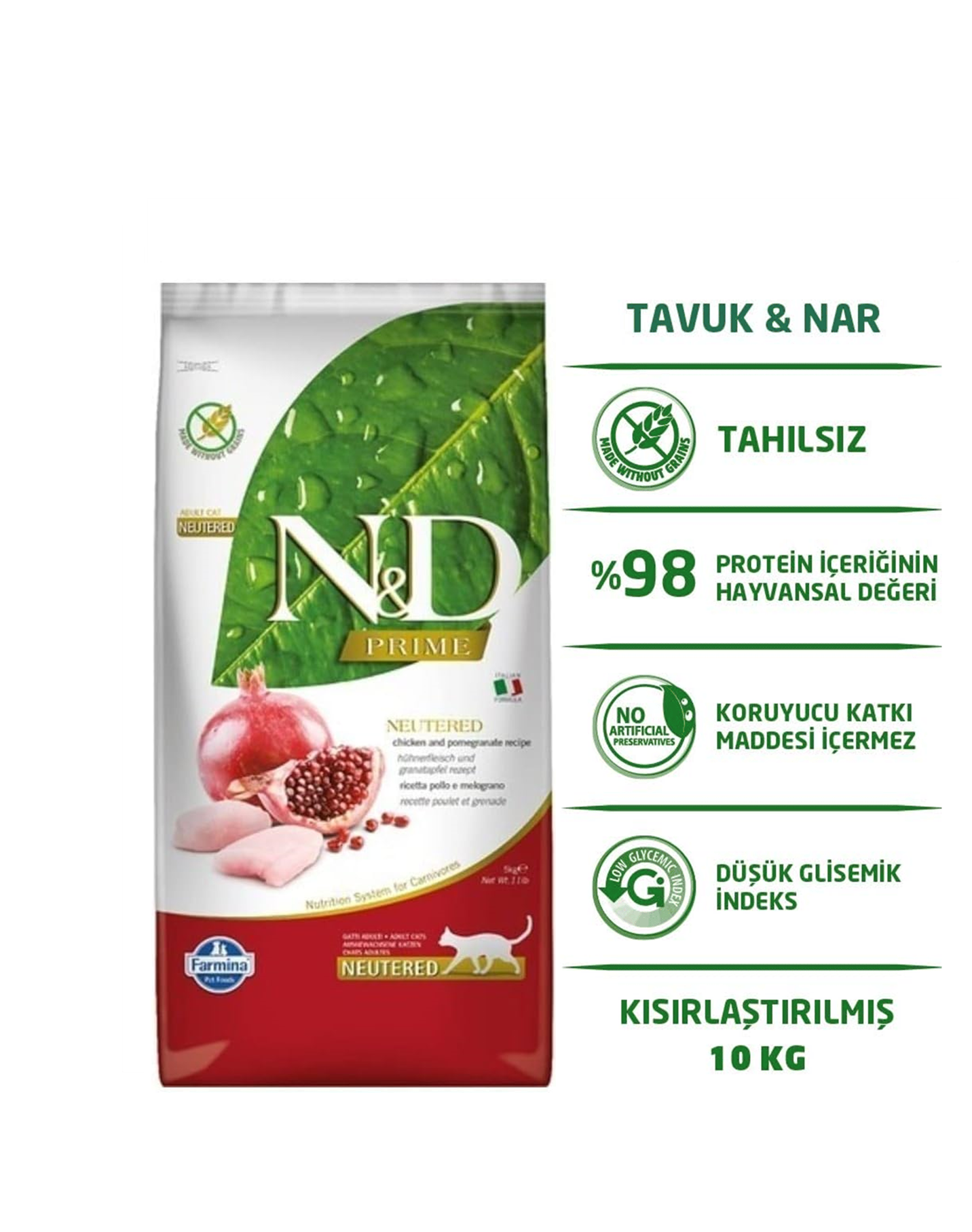 ND Prime Tahılsız Tavuk Etli ve Narlı Kısırlaştırılmış Yetişkin Kedi Maması 10 Kg