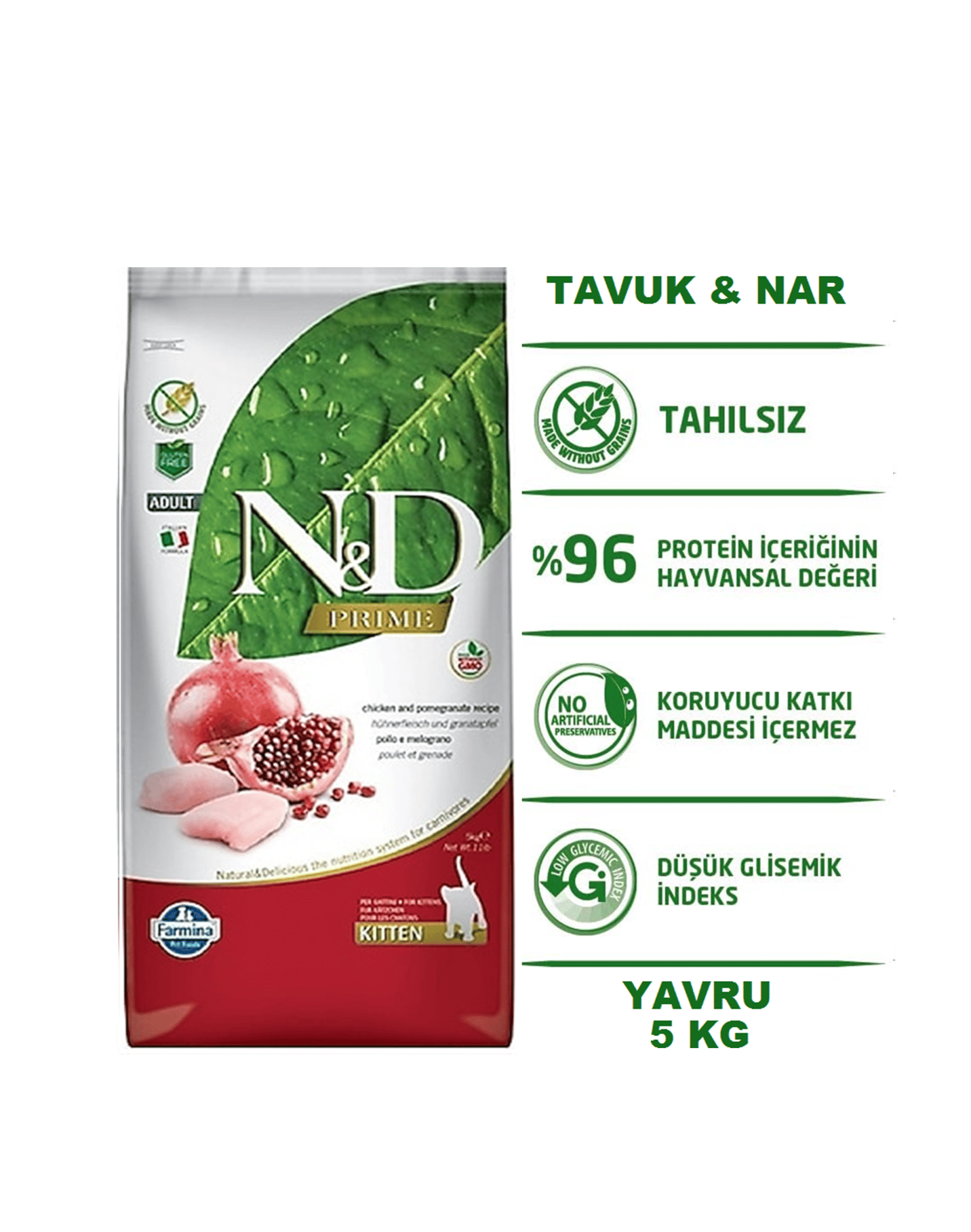 ND Prime Tavuklu ve Narlı Tahılsız Yavru Kedi Maması 5 Kg