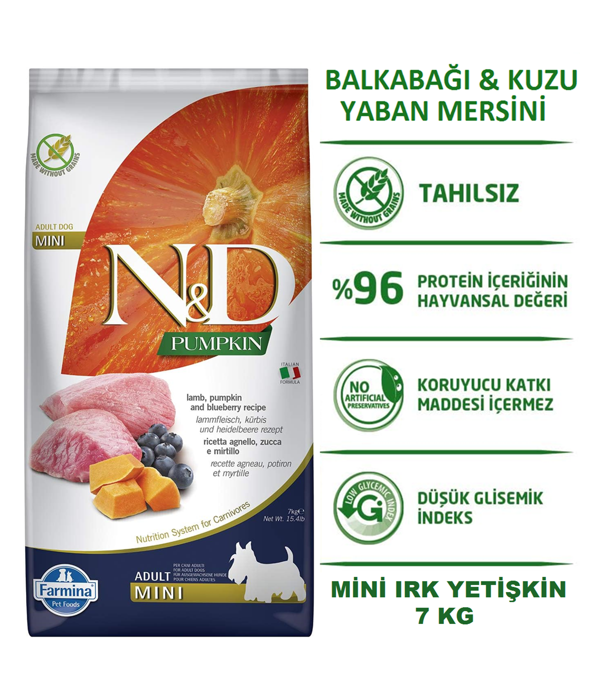 ND Pumpkin Bal Kabaklı Kuzu Etli ve Yaban Mersinli Mini Irk Tahılsız Yetişkin Köpek Maması 7Kg