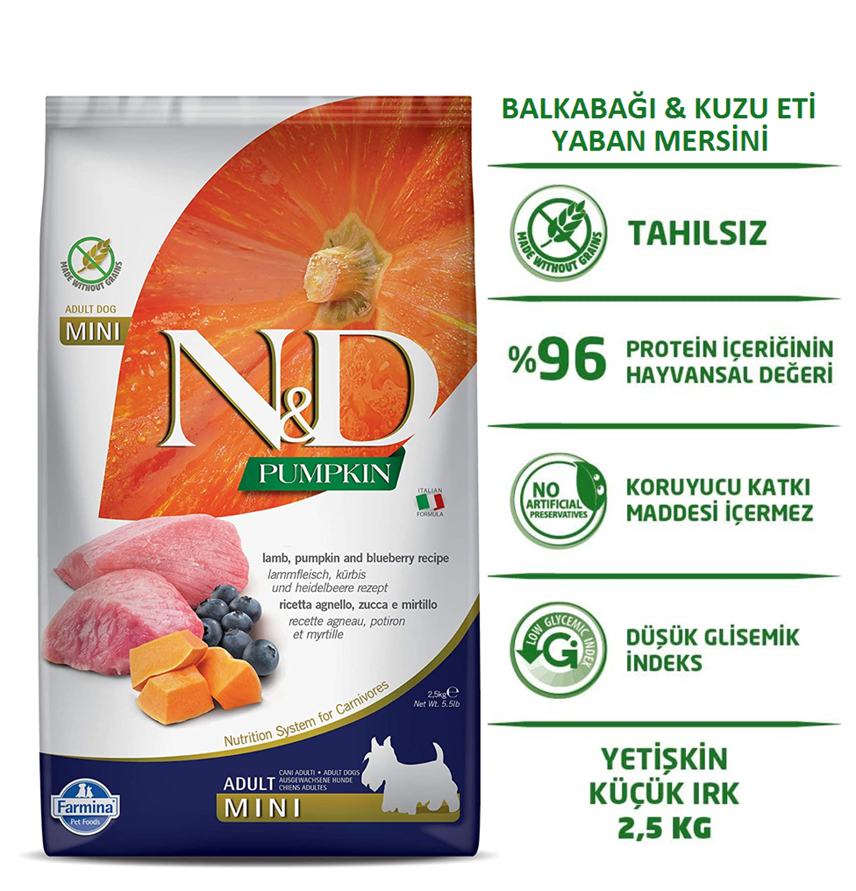 ND Pumpkin Bal Kabaklı Kuzu Etli ve Yaban Mersinli Mini Irk Tahılsız Yetişkin Köpek Maması 2,5 Kg