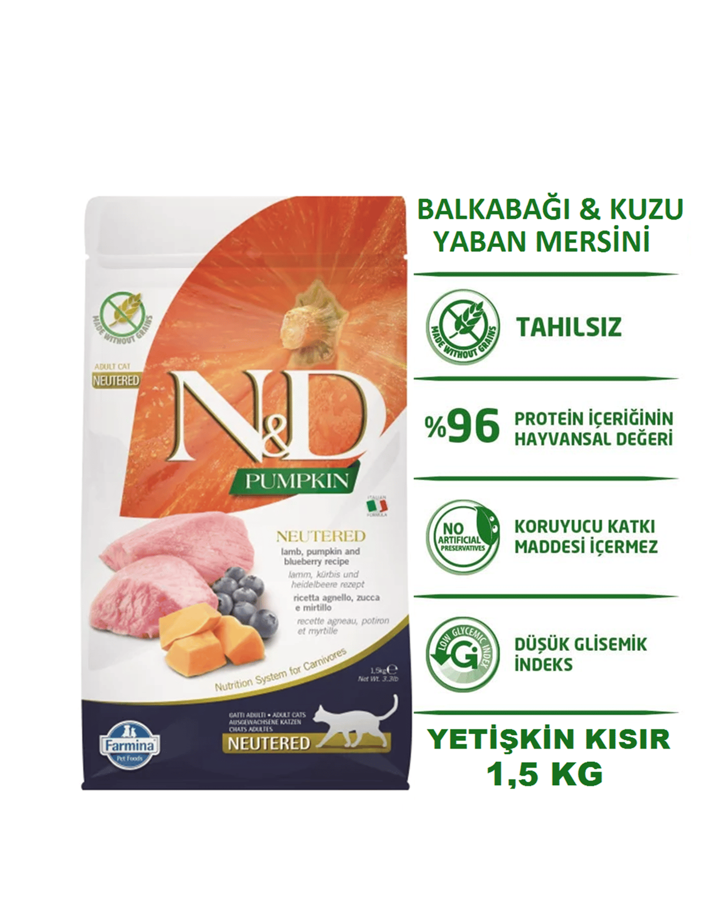 ND Pumpkin Kuzu Etli Bal Kabaklı ve Yaban Mersinli Tahılsız Kısırlaştırılmış Yetişkin Kedi Maması 1,5 Kg