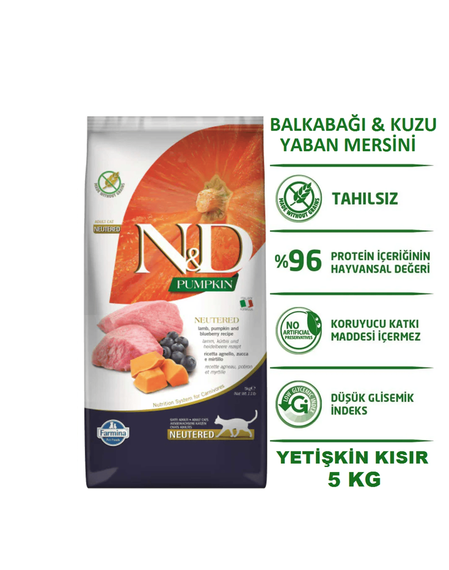 ND Pumpkin Kuzu Etli Bal Kabaklı ve Yaban Mersinli Tahılsız Kısırlaştırılmış Yetişkin Kedi Maması 5Kg
