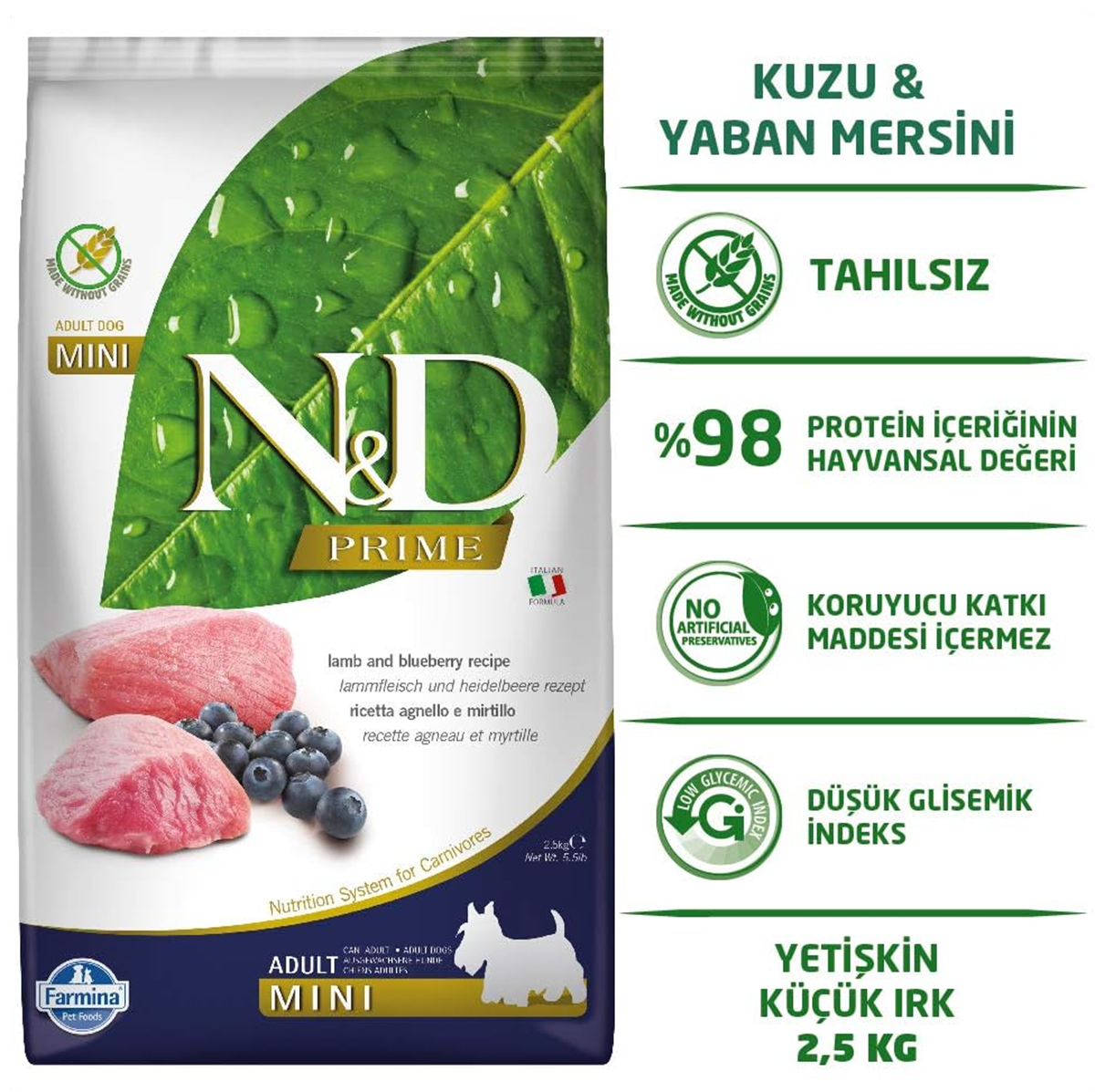ND Tahılsız Kuzu Eti Yaban Mersini Küçük Irk Köpek Maması 2,5 Kg