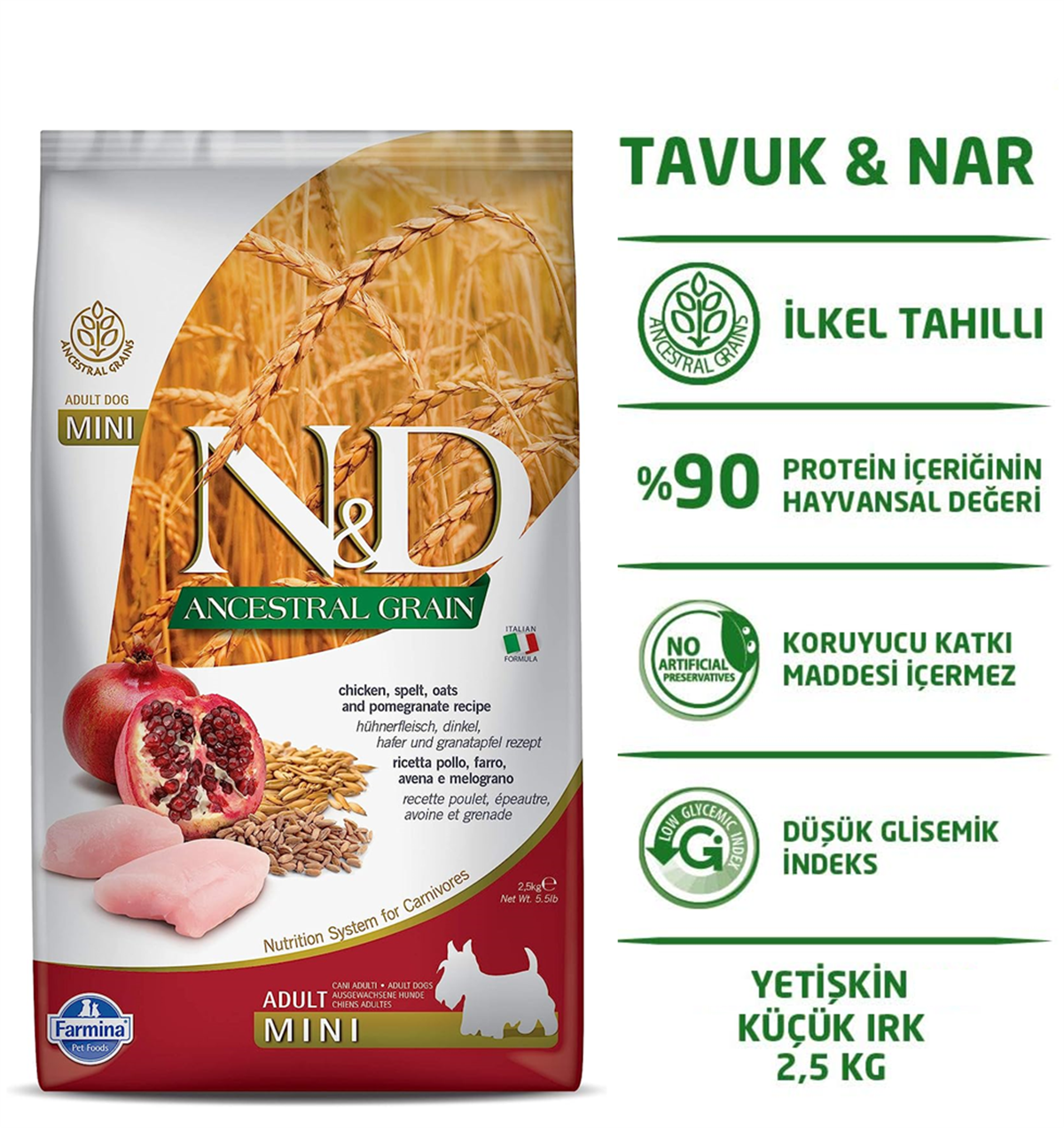 ND Tavuklu ve Narlı Düşük Tahıllı Mini Irk Yetişkin Köpek Maması 2,5 Kg