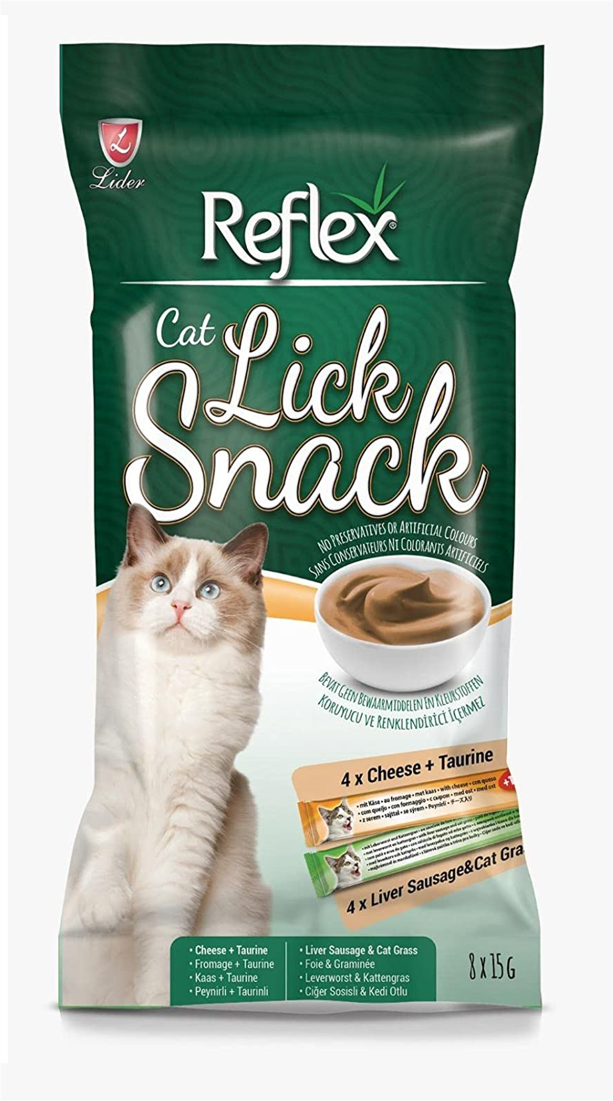 Reflex Lick Snack Peynir Ciğer ve Sosisli Sıvı Kedi Ödül Maması 8x15 Gr 