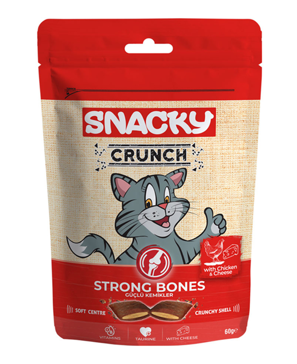 Snacky Crunch Strong Bones Güçlü Kemikler için Tavuklu ve Peynirli Kedi Ödül Maması 60 Gr