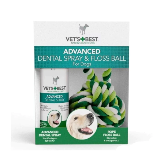 VET'S BEST Köpek Ağız ve Diş Bakım Spreyi 120ml ve Diş Temizleyici Halat Top 16cm (2'li Set)