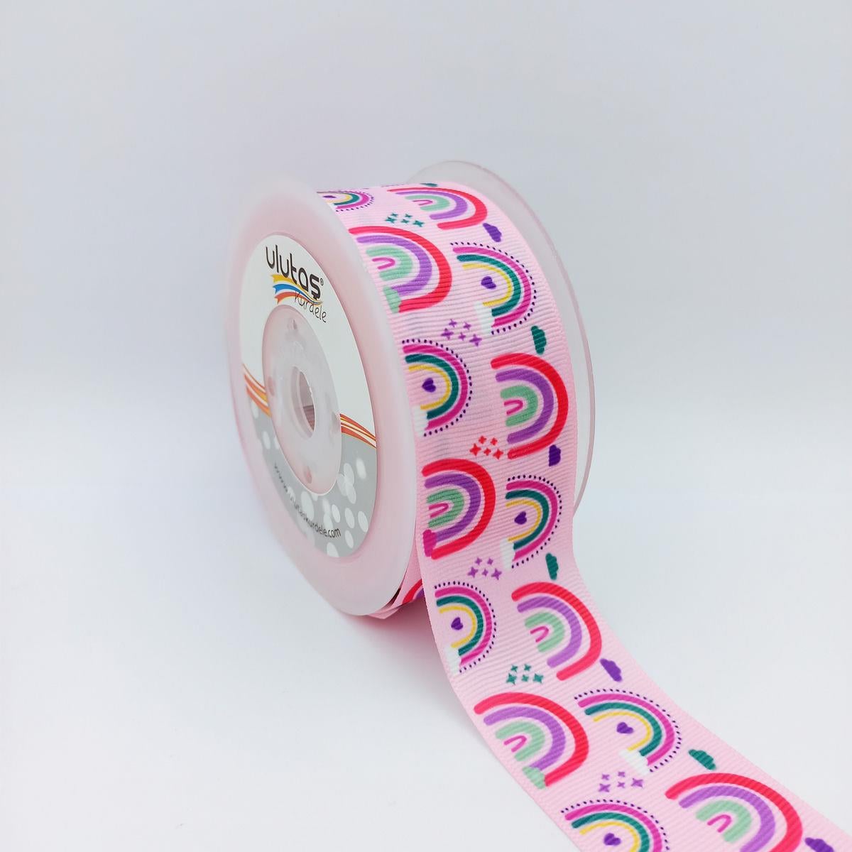Gökkuşağı Desenli Pembe 4 Cm Grogren Kurdele 10 Mt