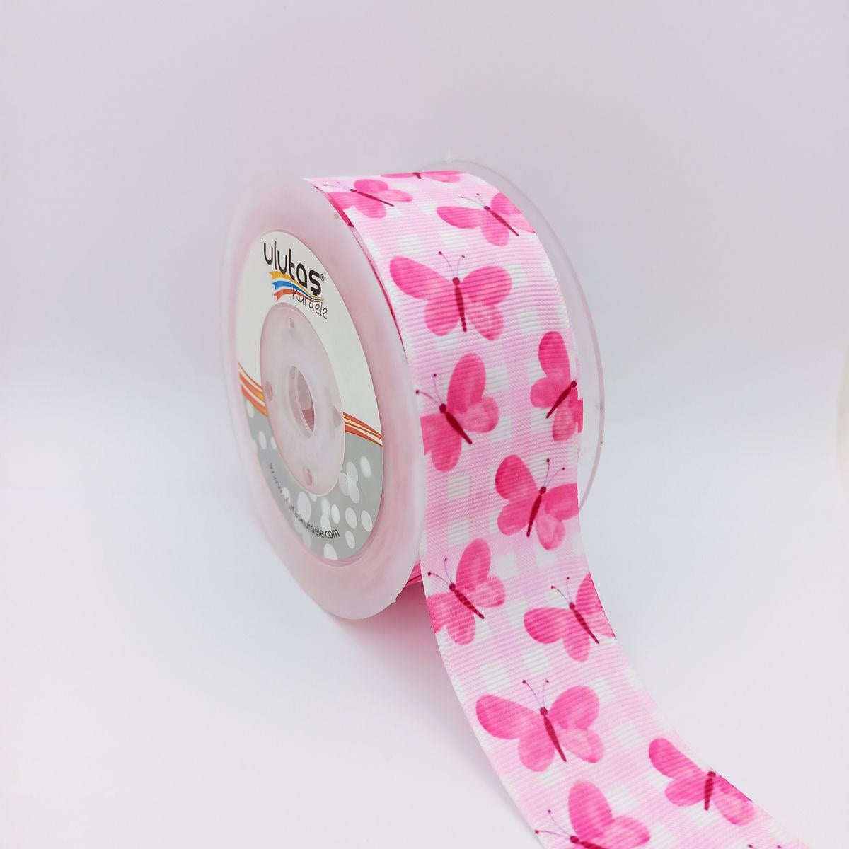 Kelebek Desenli Pembe 4 Cm Grogren Kurdele 10 Mt