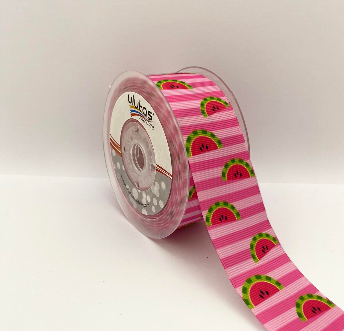 Pembe Şeritli Karpuz Desenli 4 Cm Grogren Kurdele 5 Mt