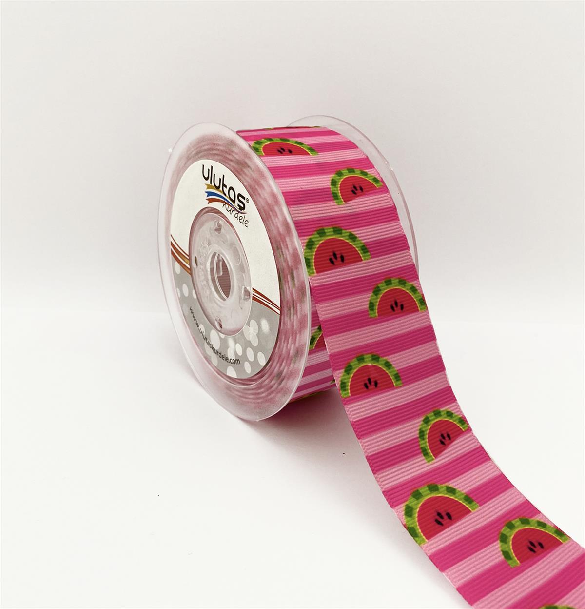Pembe Şeritli Karpuz Desenli 4 Cm Grogren Kurdele 10 Mt