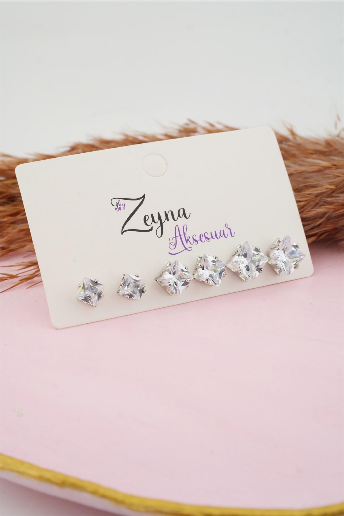 Kadın 3 Boy 6lı Kare Zirkon Taşlı Küpe Set TKR001