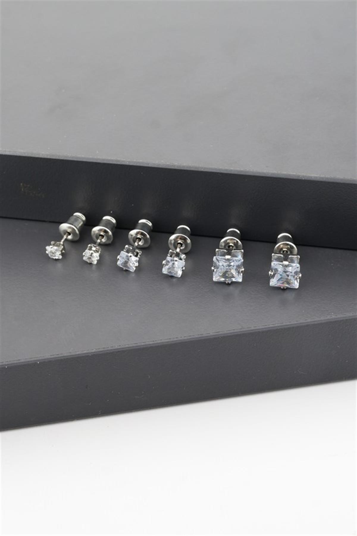 Kadın Basic Zirkon Taşlı 3 Boy Kare Model 6lı Küpe Seti