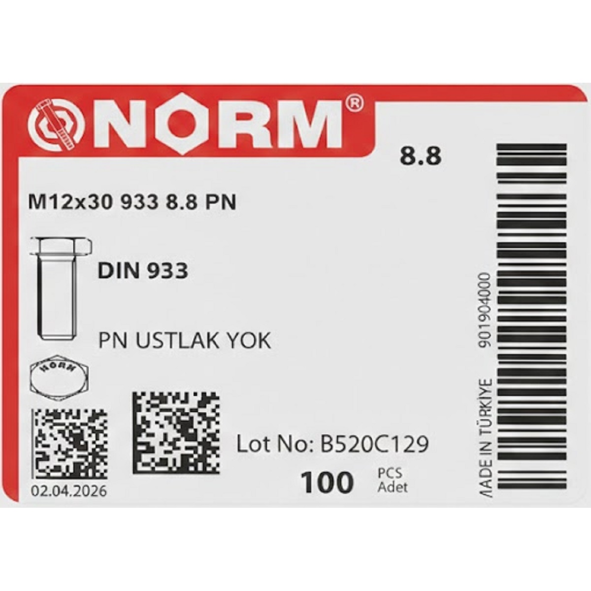 Metrik 12x30mm Cıvata