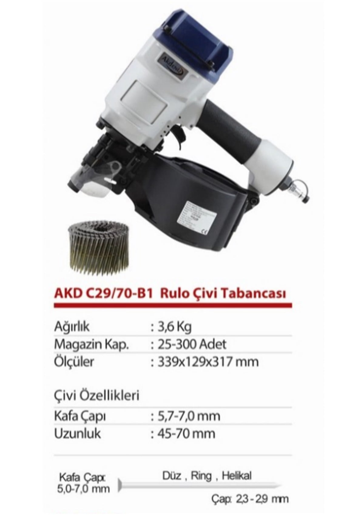 AkdenizPalet Çakım TabancalarıAKD C29 70-B1 RULO ÇİVİ TABANCASI