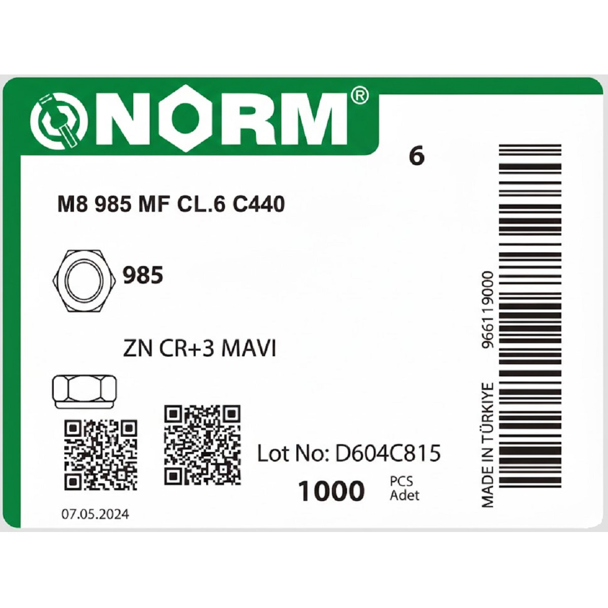 Norm M8 Fibeli somun 1000 Adet