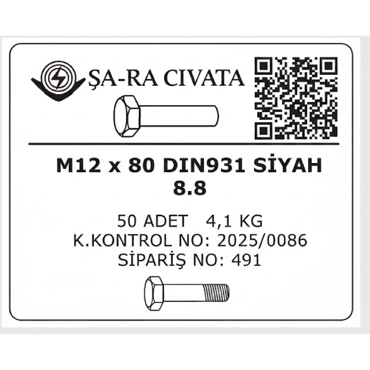 Metrik 12x80mm Cıvata
